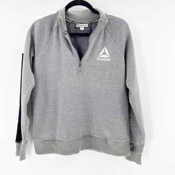 Reebok Womens Sweatshirt Size L Gray Black Colorblock 1/4 Zip Logo Pullover - Picture 2 of 4